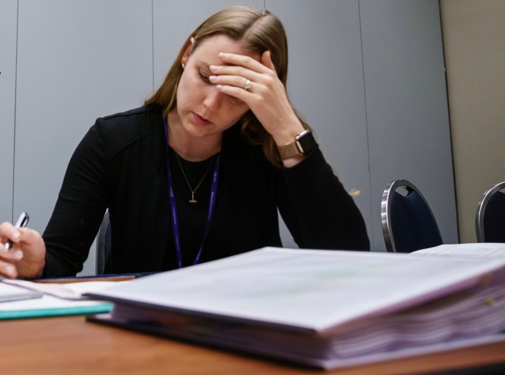 Claire Seaborn reviewing documents